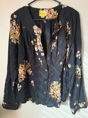 Maeve Anthropologie Floral Button Front Blouse Top Black Multi S boho office